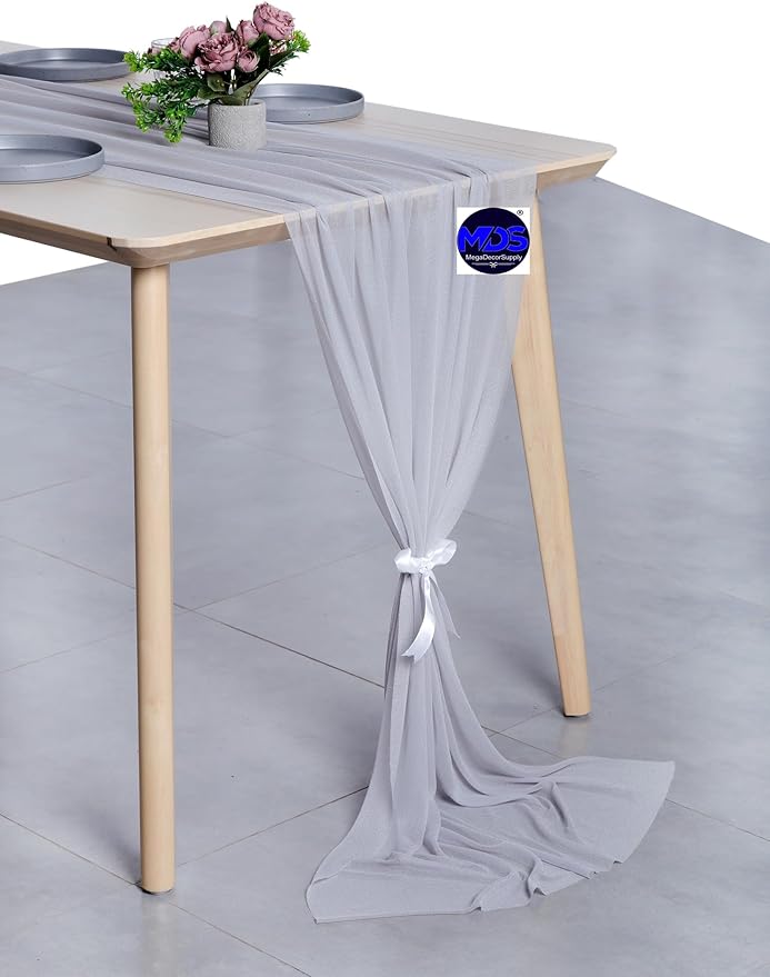 MDS Halloween Chiffon Table Runner - 5 Pack, 29 x 170 Inches, 14ft Each - Sheer Spooky Table Runners for Haunted House Parties, Trick-or-Treat Tables, Witchy Décor, Wedding & Events - Cool Gray