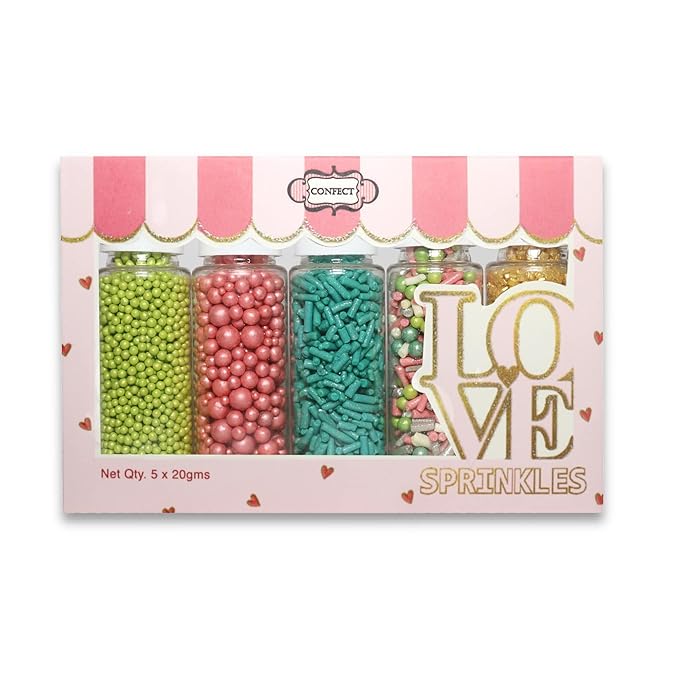Confect Cool Mom Sprinkles Mix – 5 Pack Assorted Cake & Cupcake Decorations (Teal Jimmies, Green Dragees, Pink Pearls, Sparkling Gold Sugar) –Fun Dessert Toppings for Baking, Parties & Gifts – Vegan, Gluten-Free, Nut-Free, Soy-Free, Dairy-Free, Palm Oi...
