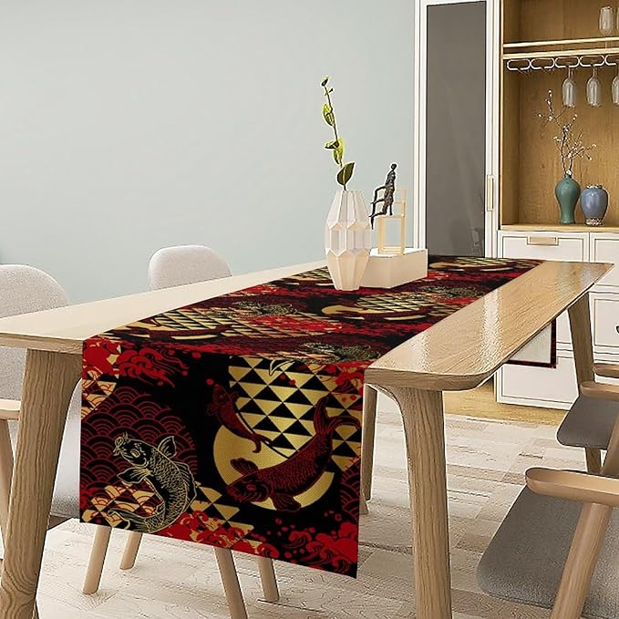 Japanese Table Runner Oriental Tradition Kio Fish Red Art Printed Burlap Runner Home Kitchen Dining Table Living Room Decor Fabric 1 Panel W13xL108in