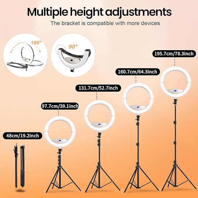18" Foldable Ring Light with Stand for iPhone ipad, LED Display/2 USB Ports/4 Phone Tablet Holders, 2700-6500K Dimmable Ring Light for Tattoo Barber Makeup Studio Video Recording Photography