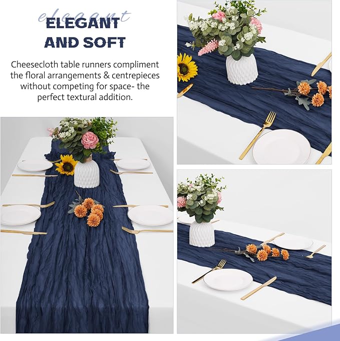 Aktor 12 Pack Navy Blue Table Runner Boho Cheesecloth Table Runner Semi Sheer Gauze Fabric Runners for Wedding Birthday Baby Shower Party Boho Table Decoration（Navy Blue）