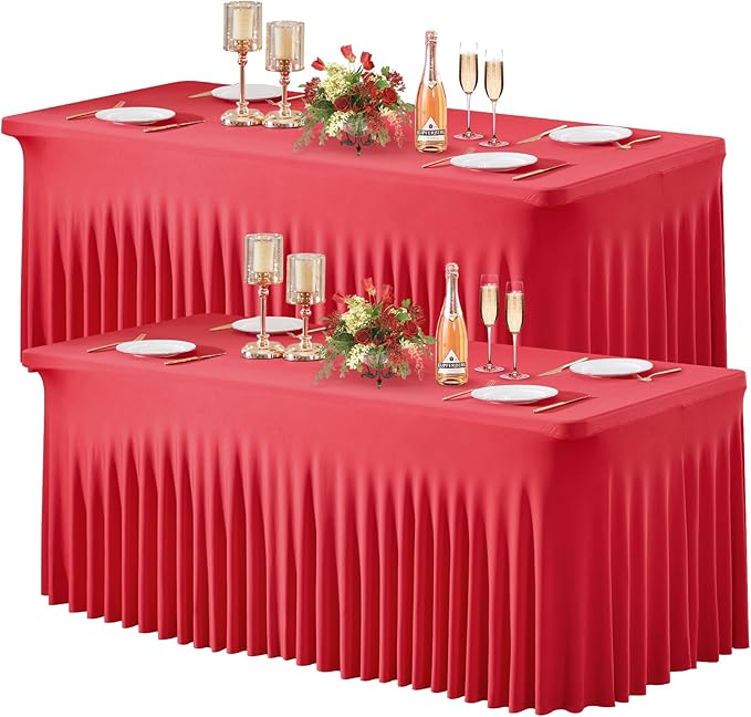 Wish Care 2 Pack Red Spandex Table Clothes for 4 Foot Rectangle Tables, 4FT Wrinkle Free Fitted Tablecloths Ruffles Design Stretch Table Cover for Party, Banquet, Wedding and Events