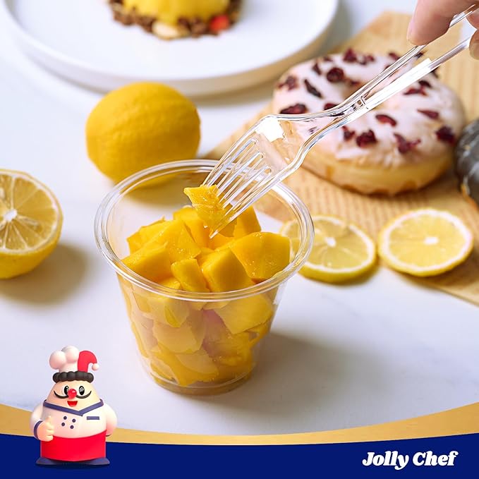JOLLY CHEF 300 Count Clear Plastic Forks Heavy Duty, 7.1" Heat Resistant Solid and Durable Plastic Forks Disposable, Disposable Bulk Cutlery Suitable for Parties Supply Events Everyday Use
