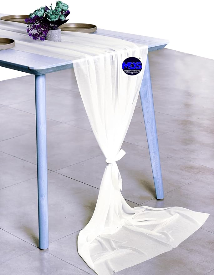 MDS Halloween Chiffon Table Runner - 25 Pack, 29 x 170 Inches, 14ft Each - Sheer Spooky Table Runners for Haunted House Parties, Trick-or-Treat Tables, Witchy Décor, Wedding & Events - Ivory