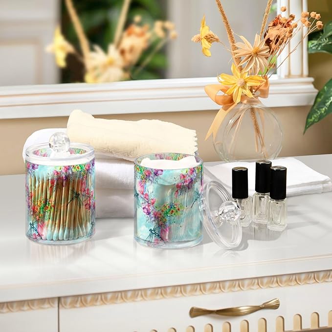Gredecor Qtip Holder Dispenser 4 Pack Watercolor Flowers Dragonfly Apothecary Jars with Lids Bathroom Vanity Countertop Canister Storage Organizer for Cotton Ball,Swabs,Pads,Floss