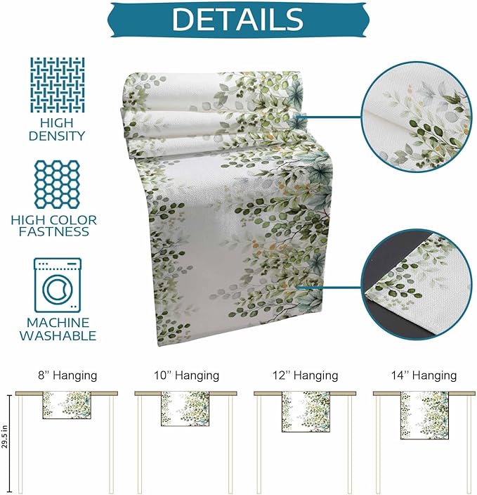 Sage Green Eucalyptus Cotton Linen Table Runner for Dining Kitchen,Farmhouse Leaves Botanical Floral Wedding Outdoor Party Tablerunners Decoration Dresser Scarf Coffee Tablecloth Runners 13x120 Inches