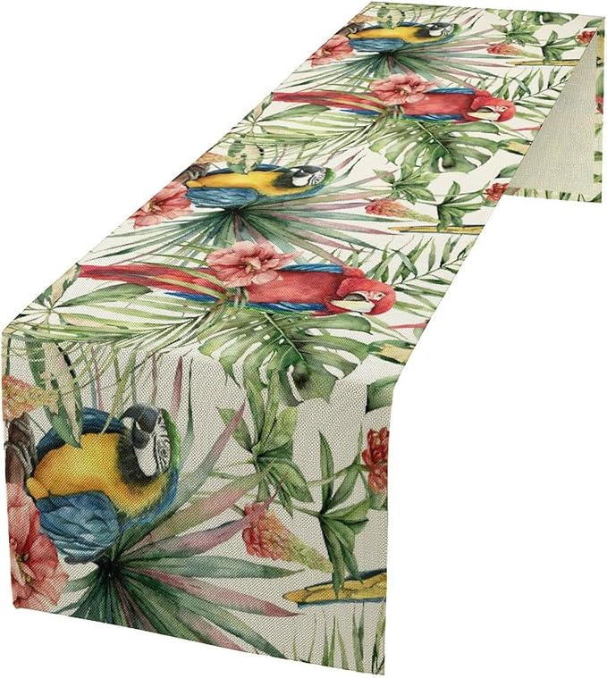 Parrot Table Runner,Tropical Palm Leaf Colorful Macaw Bird Watercolor Print Tablecloth Burlap for Hotel Indoors Outdoor Dining Room Kitchen Home Decor,W13X L90 in