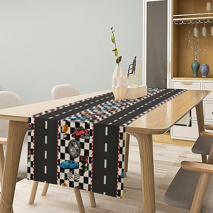 Race Car Table Runner,Checkered Flag Black and White Race Cars Pattern Print Tablecloth Burlap for Hotel Indoors Outdoor Dining Room Kitchen Home Decor,W13X L36 in
