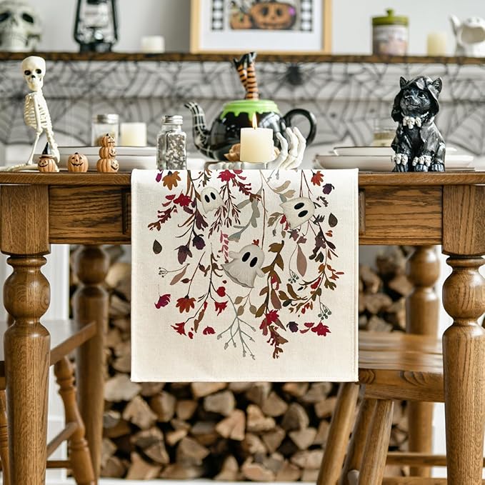 Artoid Mode Ghost Flowers Leaves 210 GSM Halloween Table Runner,Seasonal Fall Kitchen Dining Table Decoration for Home Party Decor 13x120 Inch