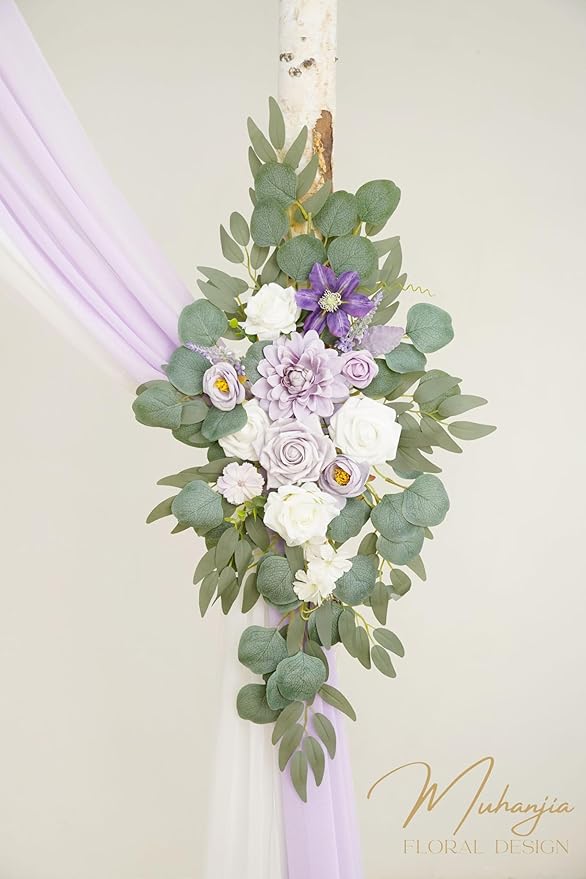 Artificial Arch Flowers Kit(Pack of 4),2Pcs Artificial Flower Arch Decor, 2Pcs Drapes, Ceremony and Reception Background Rose Decoration, Light Purple Flora Outdoor Party Decor