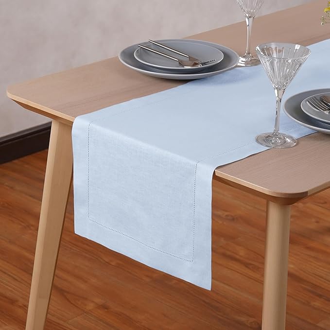 Linen Table Runner 90 inches Long – Hemstitch 100% Pure Linen Light Blue Dining Table Runner 14 x 90 Inch for Spring, Summer, Wedding Decorations, Gift – Elara