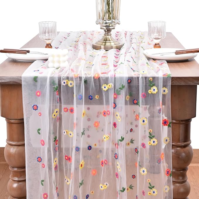 Joanlody 3pcs Ivory Embroidery Daisy Fall Thanksgiving Table Runner 10ft Florals Seasonal Tulle Table Runner Holiday Kitchen Dining Table Decoration for Home Party Indoor