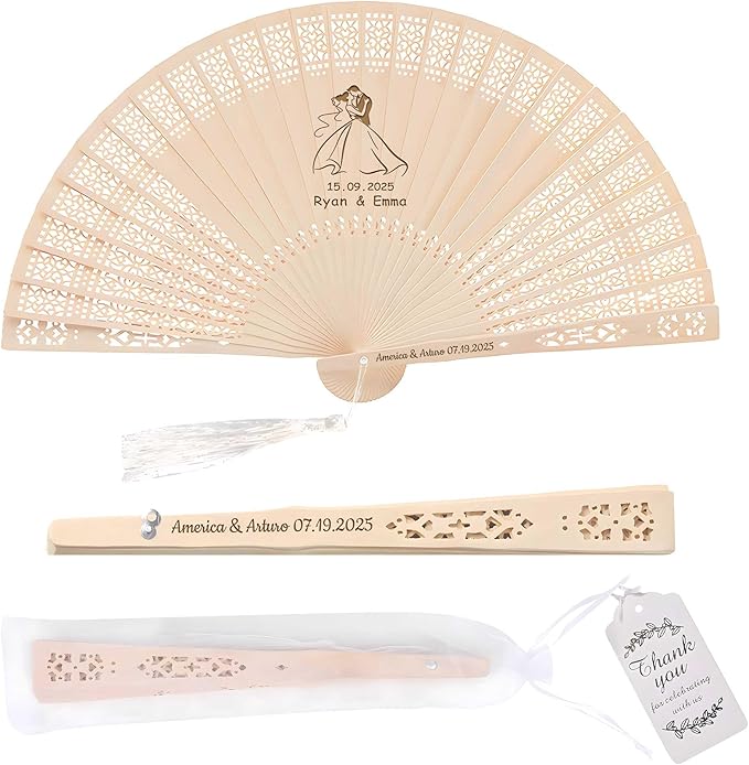 10 PCS Custom Fans Personalized Folding Fans for Line Dancing Wooden Hand Fan Wedding Favors Bulk Fans for Guests Party Event Use (Style08)