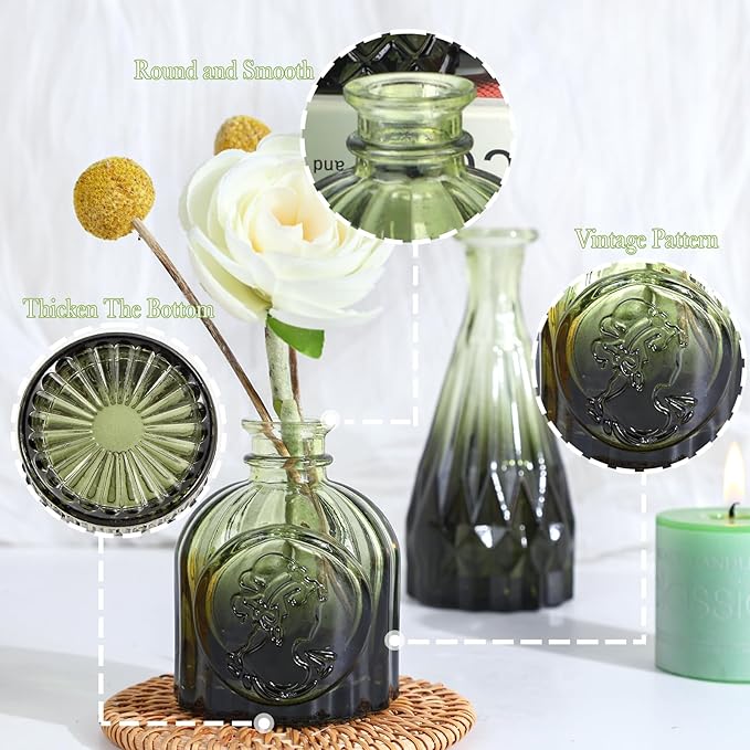 Green Glass Bud Vases Set of 12, Mini Flower Vase for Centerpieces, Small Glass Vases in Bulk for Wedding Decorations, Vintage Vase for Bridal Shower, Party, Recepetion, Home Table Décor