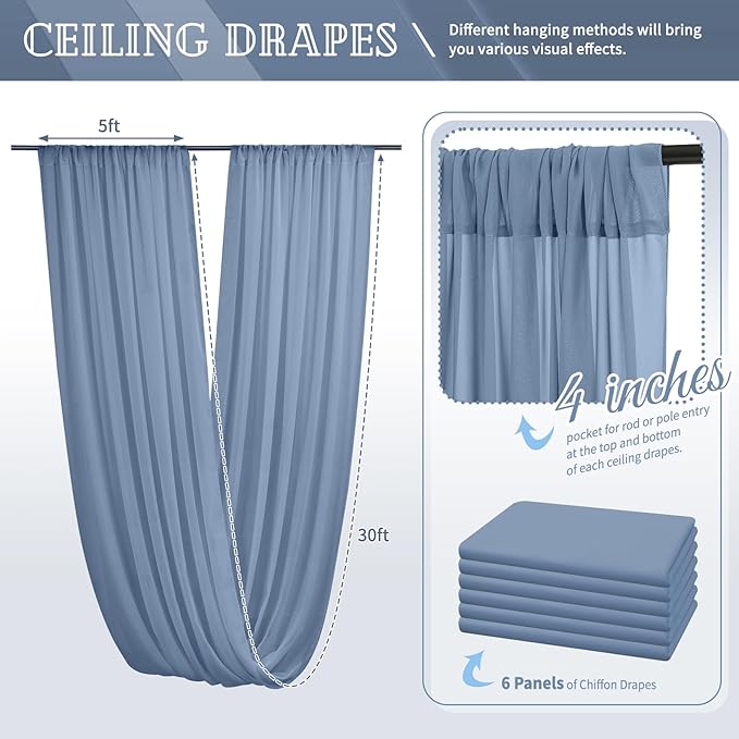 6 Panels Dusty Blue Ceiling Drapes for Wedding 5ftx30ft Chiffon Fabric Arch Draping Curtains Sheer Drapery for Party Ceremony Birthday Baby Shower Reception Stage Swag Ceiling Decorations