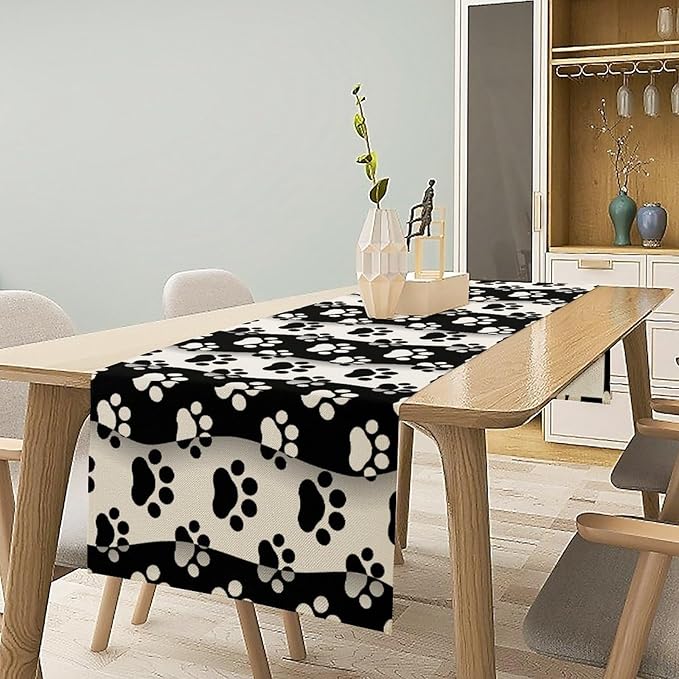 Dog Paw Table Runner,Kid Cute Animal Footprint Black White Theme Design Print Tablecloth Burlap for Hotel Indoors Outdoor Dining Room Kitchen Home Decor,W13X L90 in