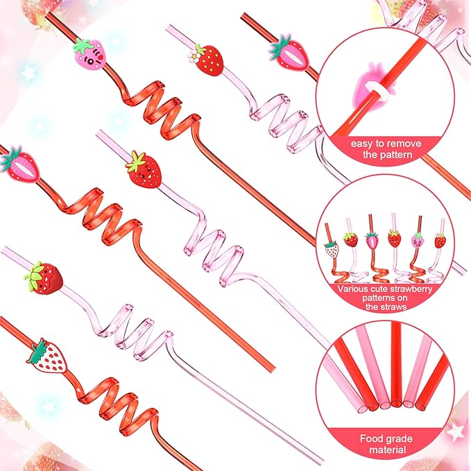Yungyan 16 Sets Strawberry Party Favors Goodie Cups with Lids and Straws for Birthday Decorations Reusable 16oz Plastic Candy Cups Plastic Straws for Birthday Party (Strawberry)