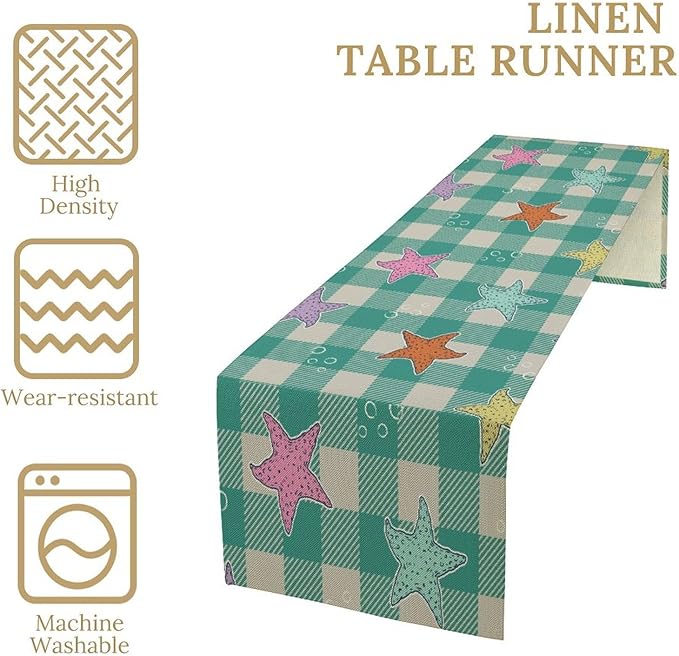 Starfish Plaid Table Flag Green Plaid and Marine Life Starfish Kitchen Table Flag Suitable for Birthday Party Restaurant Decoration Outdoor Picnic 13x36 Inch
