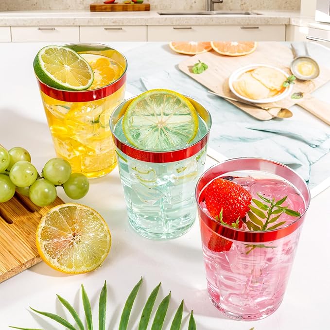 DaYammi 100 Pack Red Plastic Cups 10 Oz Clear Red Rimmed Plastic Cups for Party Fancy Disposable Cup for Wedding Disposable Glasses Clear Tumblers with Rim for Birthday Elegant Wine Cocktail Cup