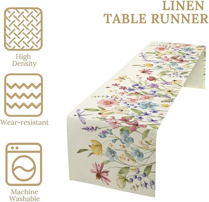 Watercolor Floral Table Runner, Colorful Spring Summer Nature Flower Dragonfly Pattern Print Table Runner for Kitchen Dinning Table Runner Decor Home Wedding Party Holiday, 13x90 Inch