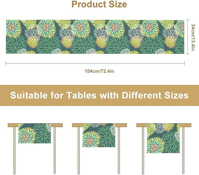 Green Dahlia Flower Table Runner, Linen Geometric Pattern Floral Table Decor Spring Farmhouse Decorations for Kitchen Dining Holiday Party Decor, 13x36 Inch