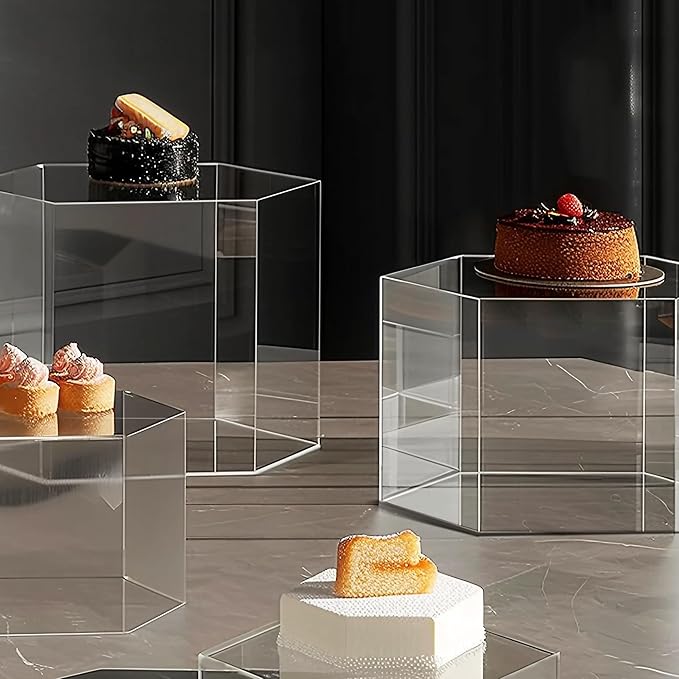 6 Pcs Buffet Risers, Dessert Stands, Acrylic Boxes for Display, Hexagonal Jewelry Showcase, Riser Display Cases Acrylic Display Base, Clear