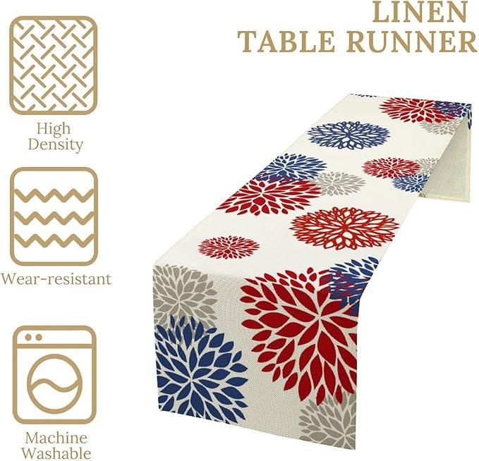 4th of July Table Runner, Blue Red Dahlia Flower American Patriotic Memorial Day Table Runner for Farmhouse Kitchen Dining Table Party Decor, 13x90inch