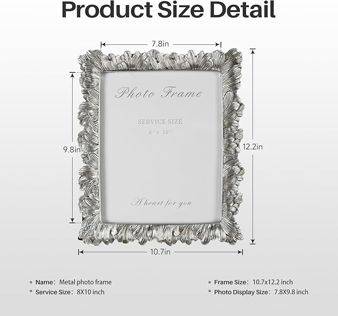Cuspin 8x10 Picture Frame Silver, Vintage Silver Palm Leaves Textured Hand-Crafted Resin with Glass Front, Elegant Retro Design Photo Frame for Wall and Tabletop Display Home Decor