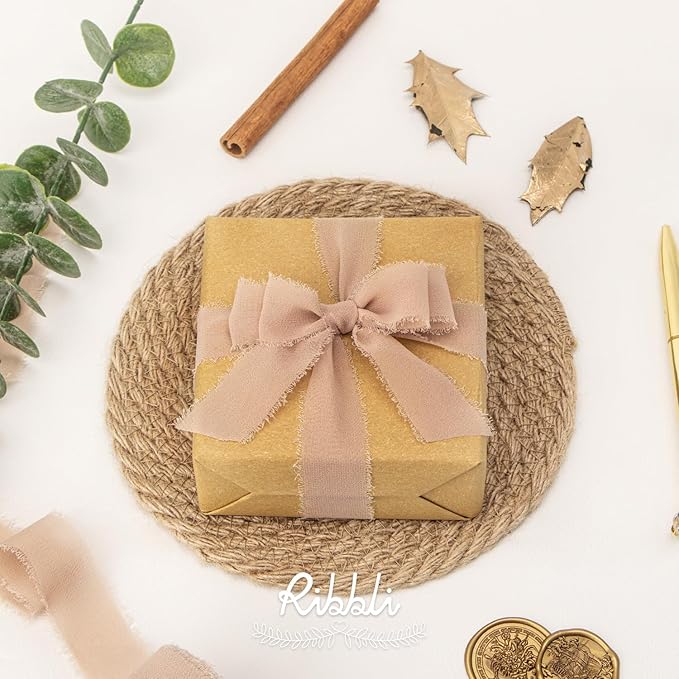 Ribbli Beige Ribbon 1 Inch x 3 Rolls Total 24 Yards Natural Handmade Fringe Chiffon Silk Ribbon for Wrapping Wedding Invitations Bridal Bouquets DIY Crafts Home Decor