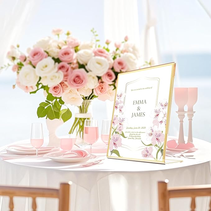 Acrylic Gold Frames 5X7, Slanted Back Gold Picture Frames Table Acrylic Sign Holder for Photos Wedding Table Numbers and Art Display with Removable Clear Sticky Dots，6 Pack