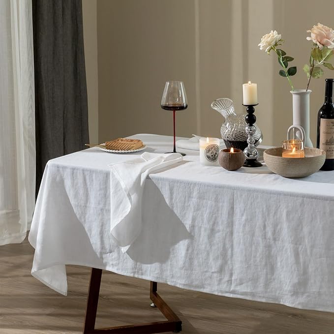 Talasily Linen Tablecloth 100% Pure Linen Table Cloth 60x132 Inches Rectangle Tablecloths Washable Cloths for Kitchen, Dining, Buffet Parties, Holidays, Picnic, Weddings and Restaurants-White
