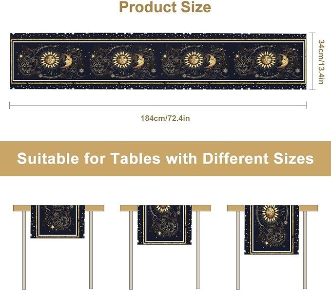 Sun Moon Table Runner, Seasonal Golden Sun Moon Holiday Kitchen Dining Table Runner for Kitchen Living Room Home Party Decor 13x70 Inch