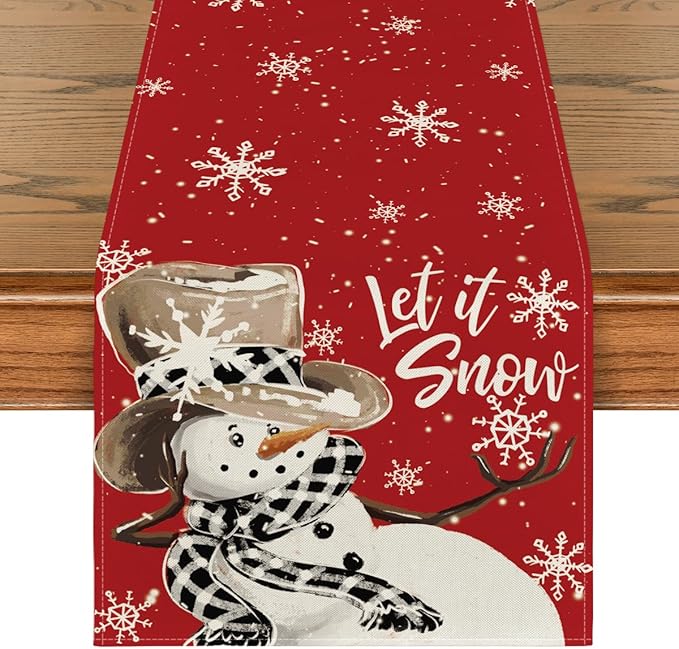 Artoid Mode Red Snowman Snowflake Let it Snow Winter Table Runner, Seasonal Christmas Kitchen Dining Table Decoration for Home Party Decor 13x120 Inch