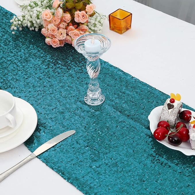Eternal Beauty Teal Table Runner , 5PCS-12X108 Sequin Table Runner Decorations for Birthday Parties, Banquets, Graduations,Christmas