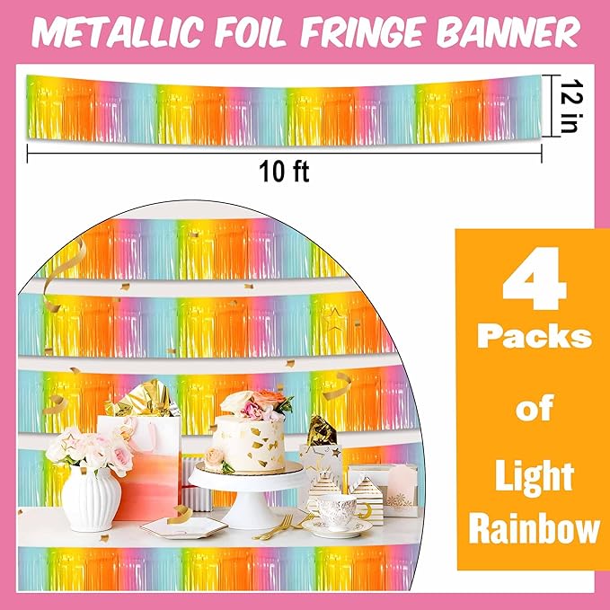 4 Pack 10 Ft Light Rainbow Foil Fringe Garland Metallic Streamers Tinsel Banner Wall Hanging Garland Backdrop for Parade Floats, Halloween, Christmas, Thanksgiving, New Year Party Decorations