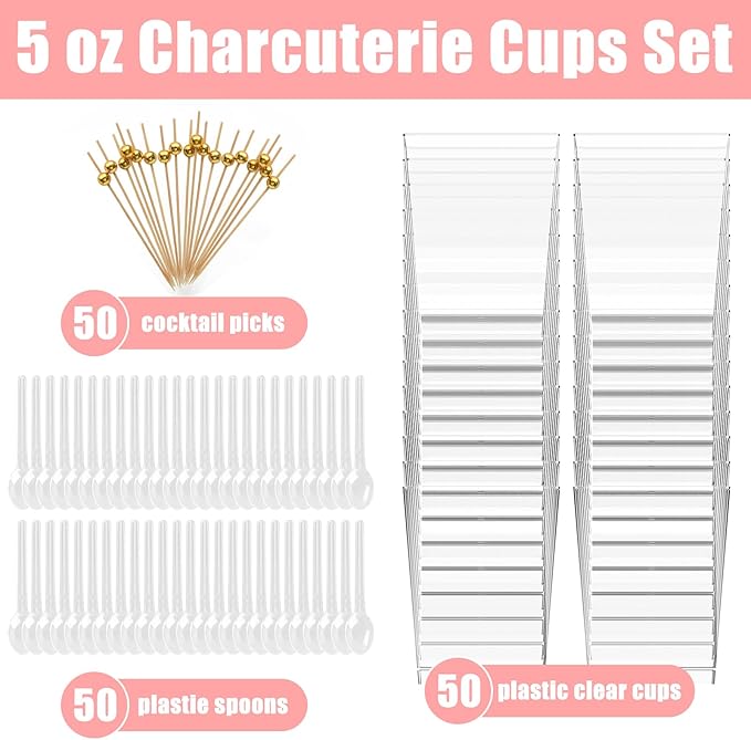 Kosotody 150 Pcs 5 OZ Dessert Cups with Spoons Cocktail Picks, Square Appetizer Cups Clear Mini Mini Party Serving Cups for Party Appetizers Pudding Yogurt Ice Cream Fruit