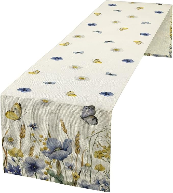 Floral Table Runner, Spring Watercolor Flower Plants Nature Butterfly Table Runner for Kitchen Dinner Living Room Home Party, 13x70 Inch