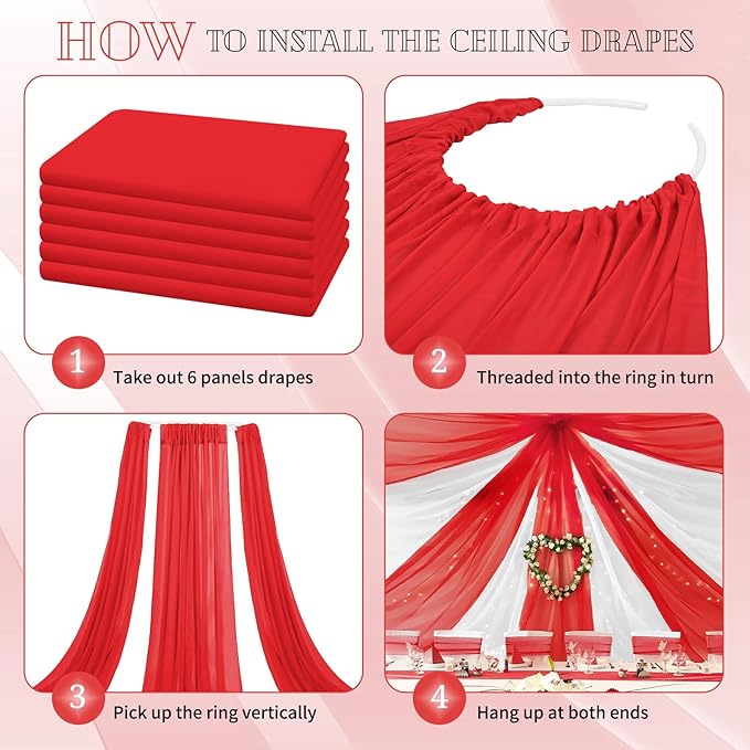 6 Panels Red Ceiling Drapes for Wedding 5ftx10ft Chiffon Fabric Arch Draping Curtains Sheer Drapery for Party Ceremony Birthday Baby Shower Reception Stage Swag Ceiling Decorations