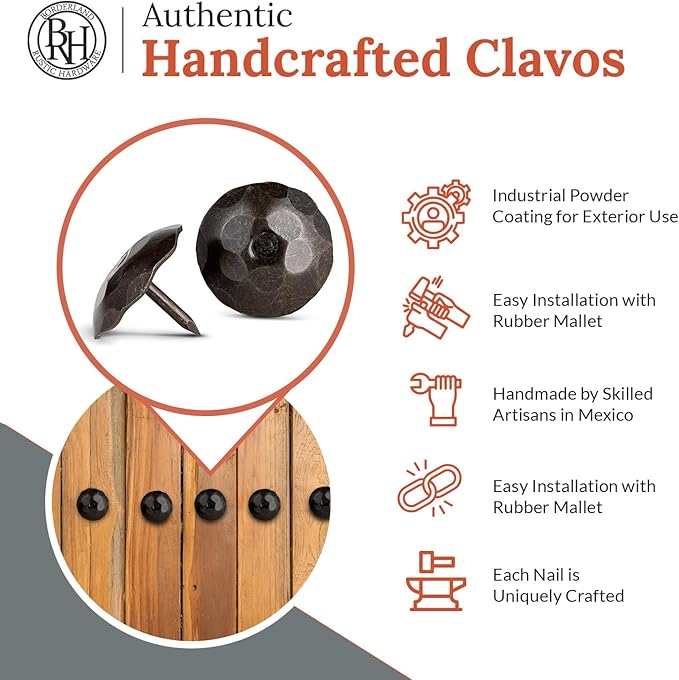 10 Pack 1.25" Round Head Iron Clavos Decorative Nails – Sealed Unfinished – Handmade Rustic Round Fasteners for Farmhouse Shutters, Faux Wood, Barn Doors, Shutters, Gates – Ornamental Wood Accent