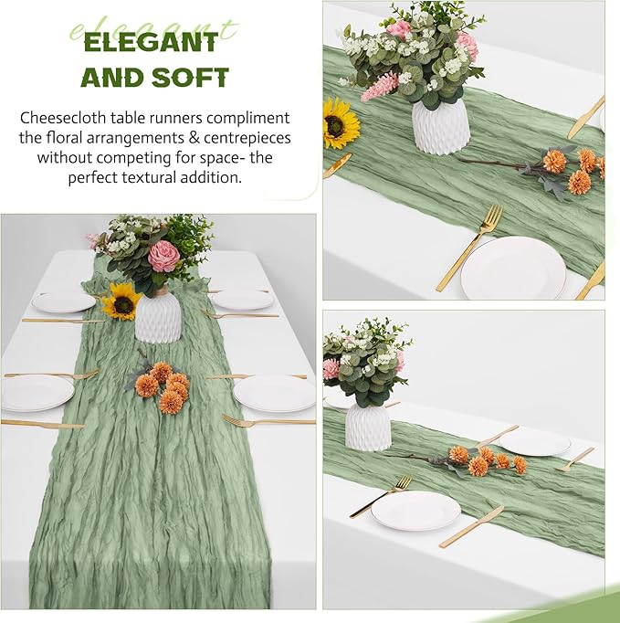 Aktor 4 Pack Sage Green Table Runner Boho Cheesecloth Table Runner Semi Sheer Gauze Fabric Runners for Wedding Birthday Baby Shower Party Boho Table Decoration（Sage Green）