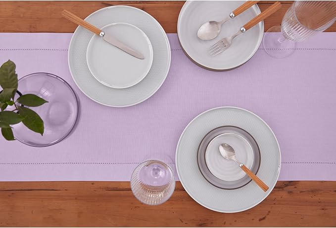 Solino Home Table Runner 90 Inches Long - Cotton Linen Hemstitch Lavender Ice Table Runner 14 x 90 Inch