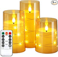 NURADA Flickering Flameless Candles: Built-in Star String Lights Acrylic Battery Operated LED Pillar Candles with Remote and Timer for Romantic Mood Home Decoration - 3 Pack Gold