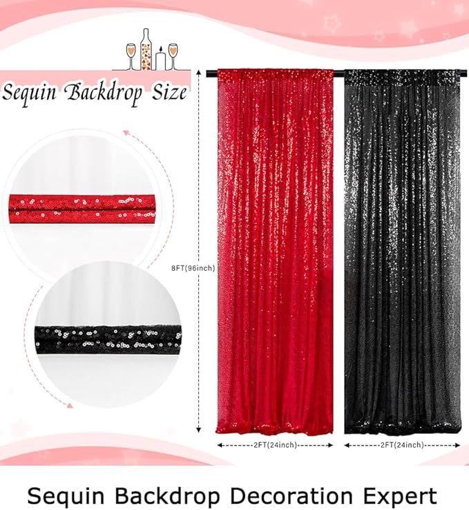 ShinyBeauty 4 Panels Black and Red Sequin Backdrop | 2Ft x 8Ft Sparkle Photo Background | Shimmer Curtains for Photography & Events | Perfect for Christmas & Party Decor