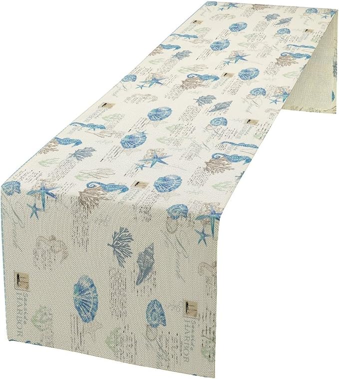 Starfish Table Runner,Vintage Nautical Seashell Tropical Beach Theme Coastal Ocean Sea Burlap for Hotel Indoors Outdoor Dining Room Kitchen Tablecloth, 13x90in