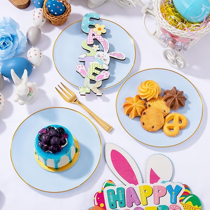 Festiva 200Pcs Blue Gold Cake Plates 6.3" with Plastic Forks 5"- Disposable Blue Dessert/Appetizer/Salad Plates- serve 100 guests for Party&Wedding&Easter