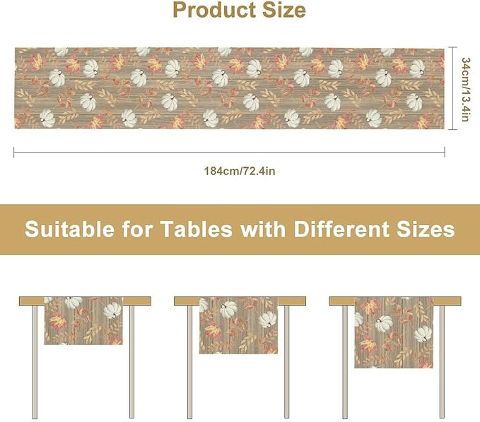 Autumn Table Runner,Pumpkins Maple Leaves Wood Fall r Seasonal Table Runner Kitchen Dining Table Decoration for Home Party Decor 13x108 Inch