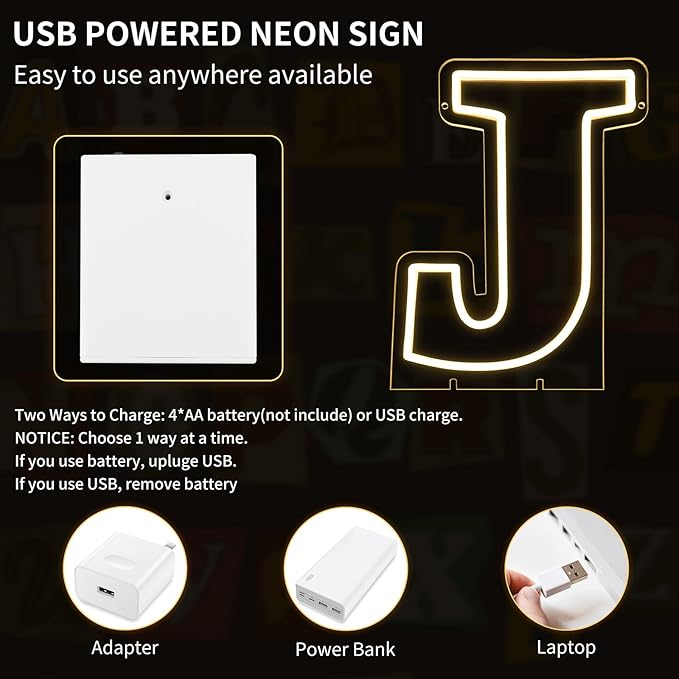 Light Up Letters J, Led Marquee Letter Lights Neon Sign, 13.9" Height Decorative Lighted Alphabet Number, Battery/USB Powered Led Letters Lights for Wedding, Birthday, Party, Christmas or Home Decor