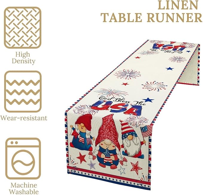 Cute Patriotic Gnomes Table Runner, American Independence Day 4th of July Gnome Blue Red Fireworks Confetti Print Table Runner for Home Kitchen Dining Table Party Decor, 13x90inch