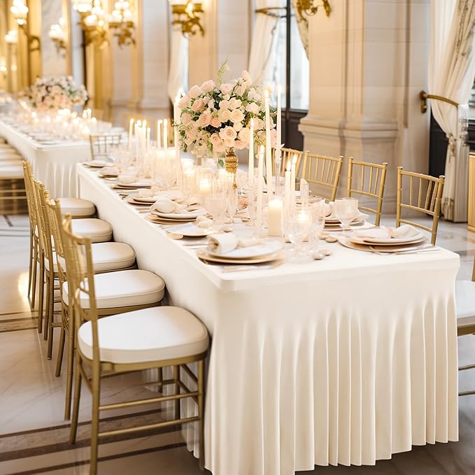 Wish Care 6 Pack Ivory Spandex Table Clothes for 8 Foot Rectangle Tables, 8FT Wrinkle Free Fitted Tablecloths Ruffles Design Table Cover for Party, Banquet, Wedding and Events