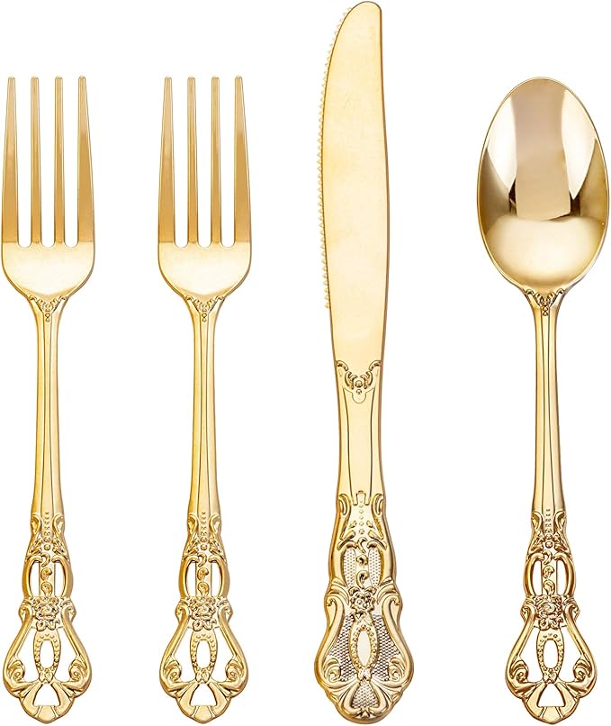 40PCS Gold Plastic Silverware - Heavy Duty Elegant Disposable Utensils - Gold Plastic Cutlery Set Includes 20 Forks, 10 Spoons, 10 Knives for Dinner, Parties, Weddings